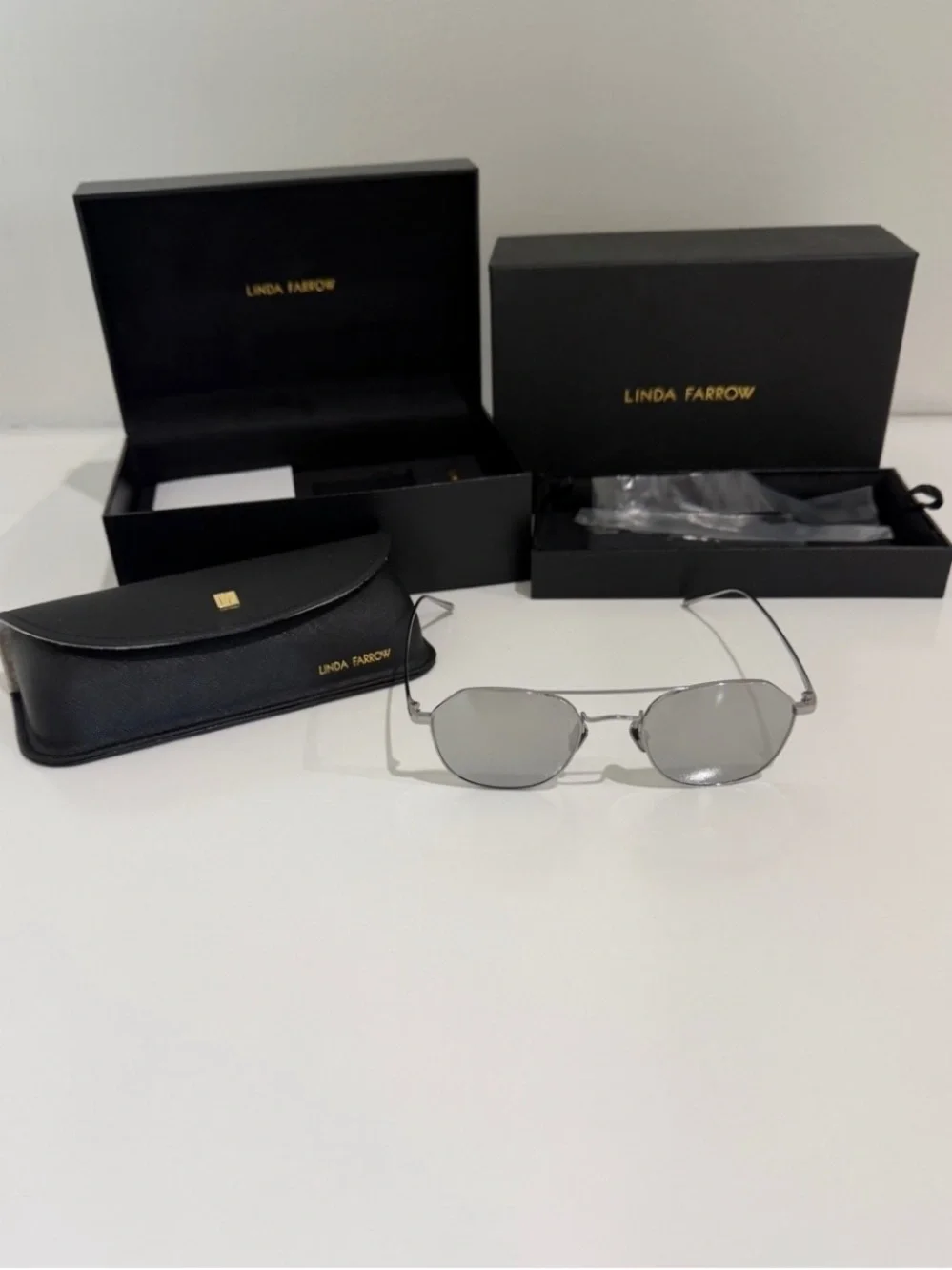 Linda Farrow Dante LFL977 Sunglasses 22K White Gold Aviator NIB Full Set